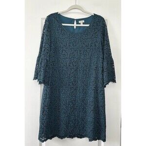 Garnet Hill Dress Womens Sz 12 Lace 3/4 Bell Sleeve Green Boho Holiday